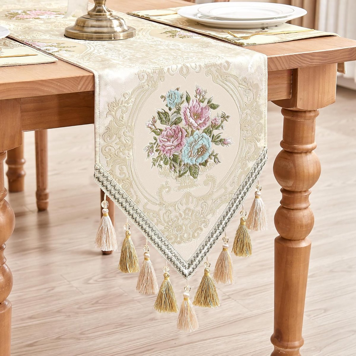Tafelloper met Kwastjes, Dubbellaags Damast Tafelkleed voor Eettafel/ Eetkamer/ Restaurant/ Festivaldecoratie (33x180 cm, Bloemenmotief)