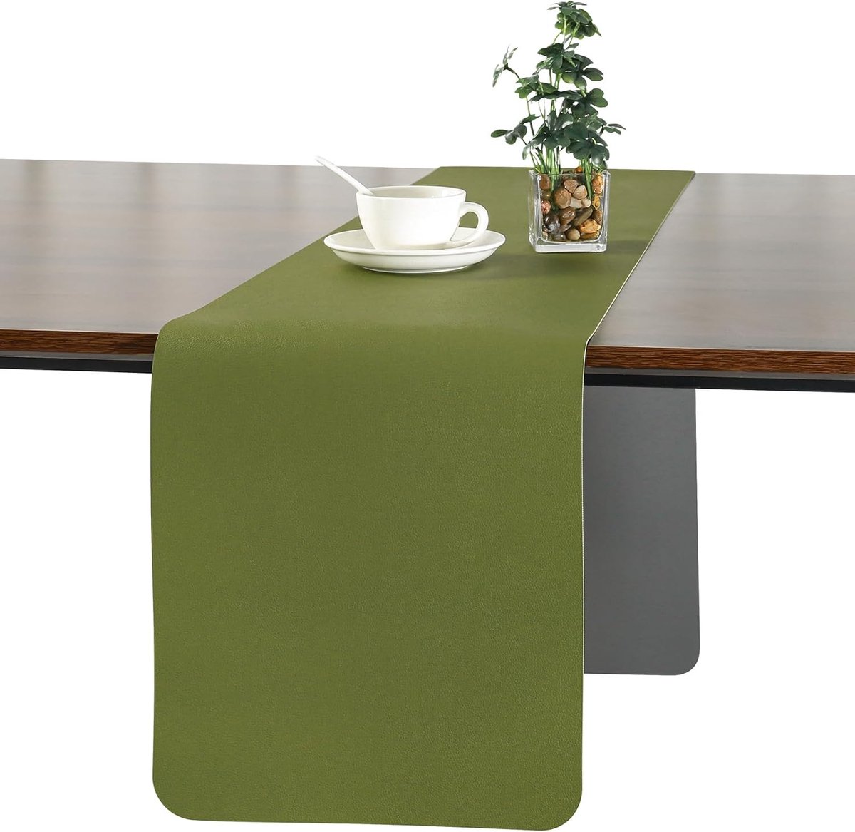 JUN Moderne Afwasbare Dubbelzijdige Leren Tafelloper Waterdicht | Antislip Tafelloper voor Binnen en Buiten Tafeldecoratie voor Eettafel Feest en Restaurant(Grijs Groen 40 X 140 cm)