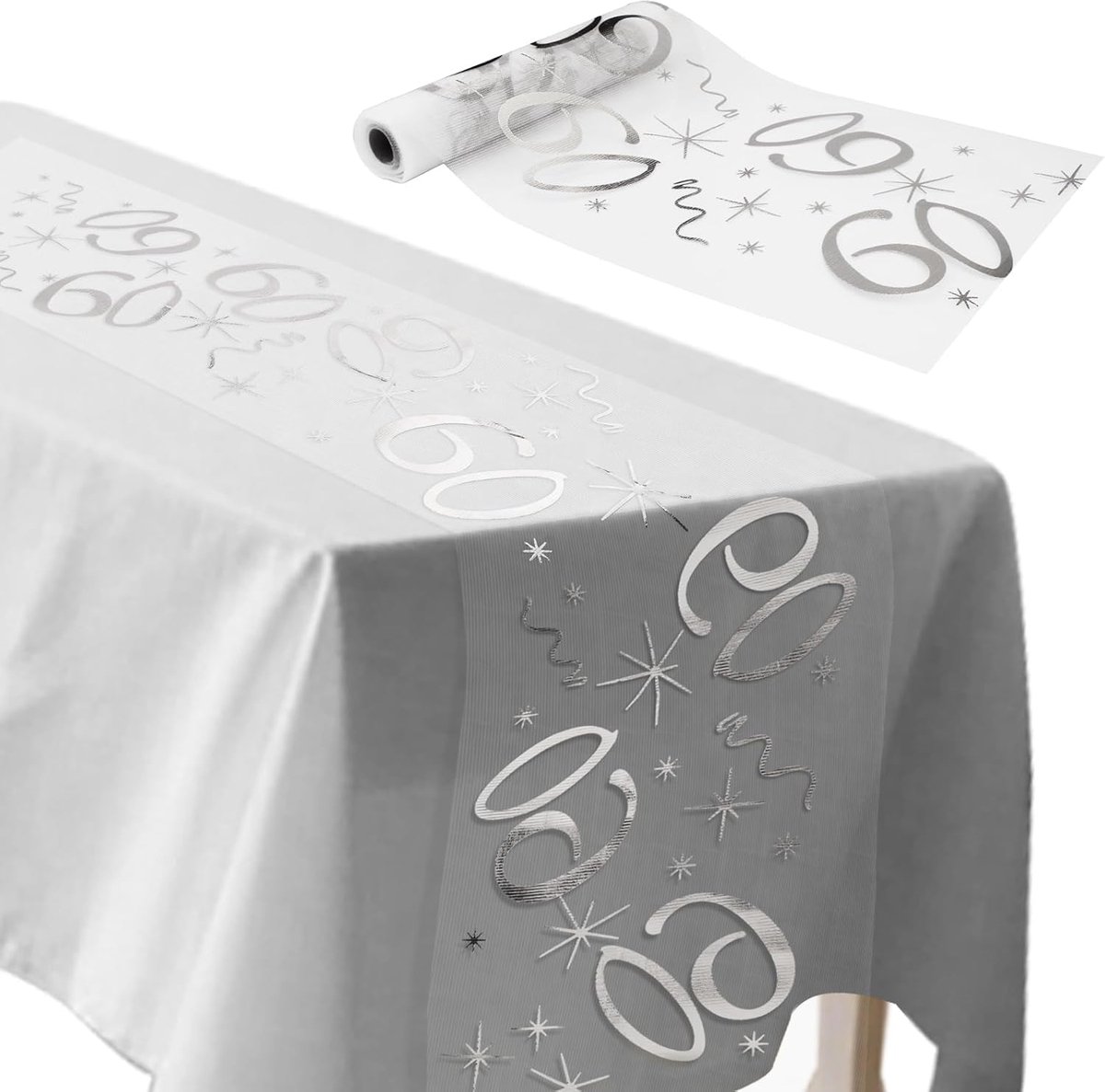 Tafelloper 60e verjaardag 28 cm x 10 m tafeldecoratie verjaardag op maat te snijden tafel decoratie zilver mannen en vrouwen voor verjaardagsfeest jubileumfeest