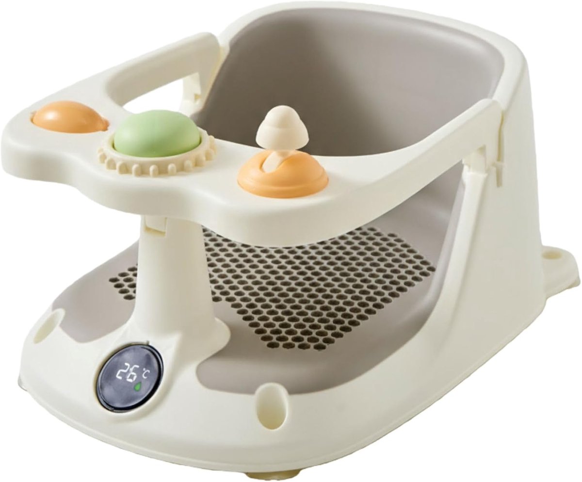 Babybadzitje met thermometer, antislip badzitje met real-time watertemperatuurbewaking ter bescherming tegen brandwonden, voor veilig baden van pasgeborenen