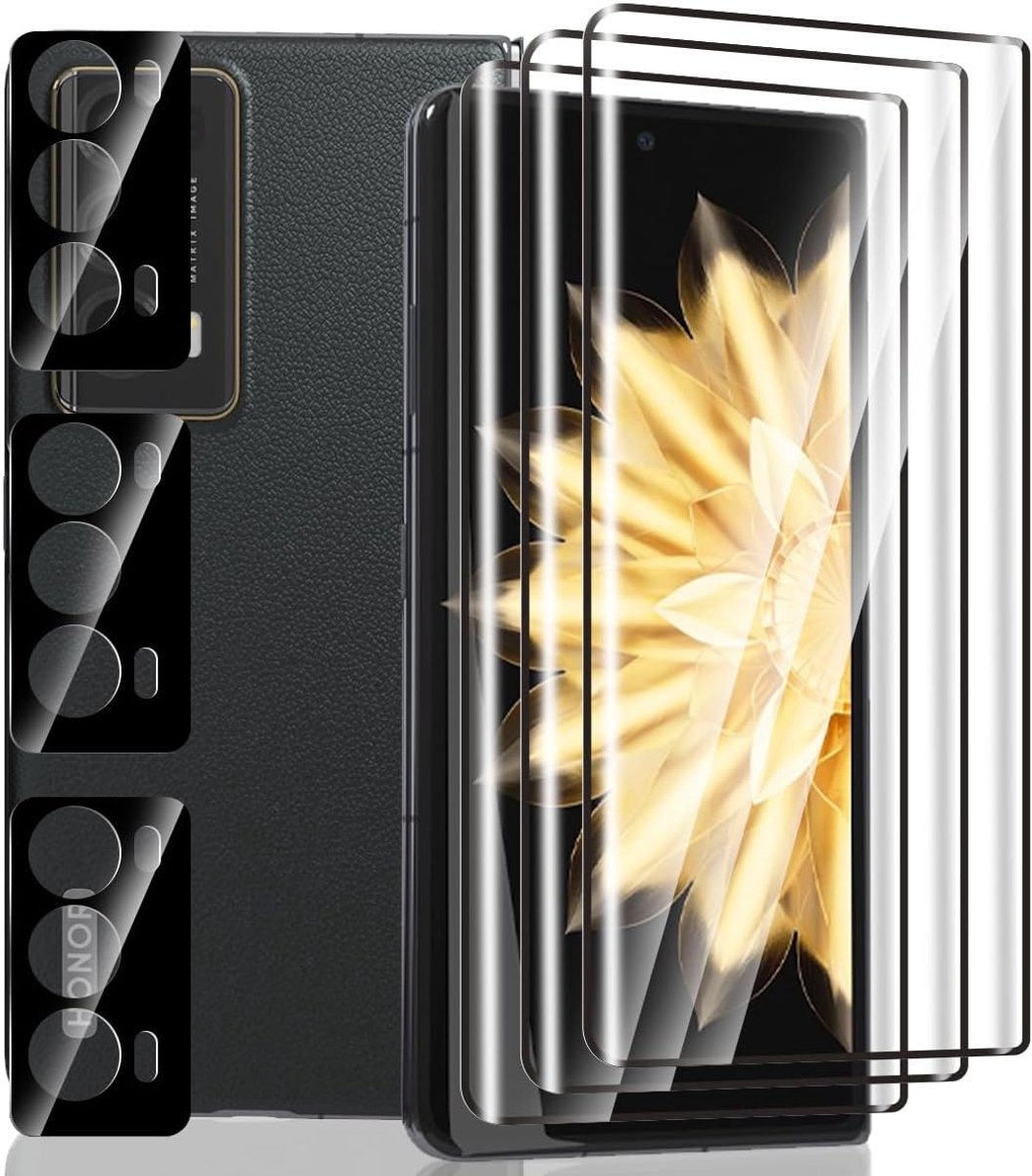 Displaybeschermfolie voor Honor Magic V2, 3 + 3 stuks, gehard glas, 9H hardheid, displaybeschermfolie van gehard glas en camerafolie, luchtbelvrij/HD-displaybescherming voor Honor Magic V2