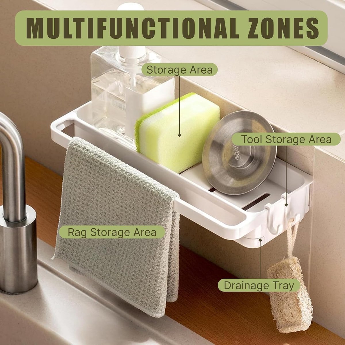 Hangend, spoelbak-organizer, muur, 28 x 14 x 5,5 cm, wit, zonder boren, uitneembare lekbak, multifunctionele keukenorganizer, gootsteen voor keuken en badkamer, robuust