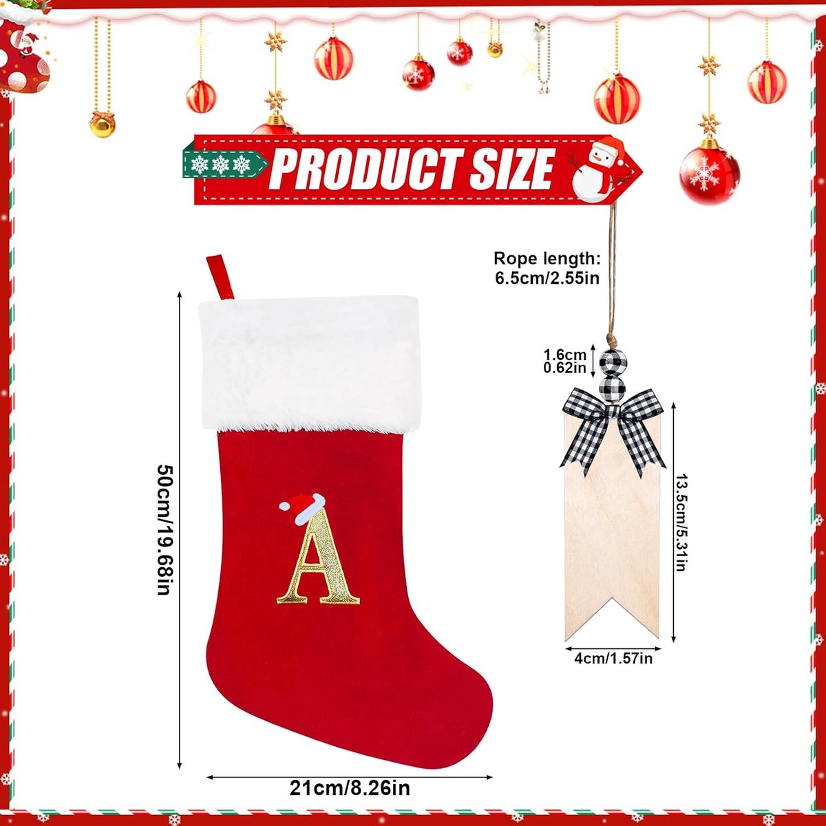 Kousen 50 cm gepersonaliseerde kerstkous met letter groot monogram rode kerstkousen met naamplaatje pluche hangende kousen geschenken sok voor kerstversiering boom vakantie ornament (A)