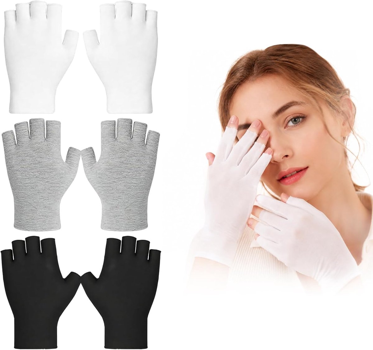 3 paar katoenen handschoenen, vingerloze handschoenen, wit, zwart, grijs, zweetbestendig en ademend, katoenen handschoenen voor eczeem, handdrogen, slapen, lotion, spa, autorijden