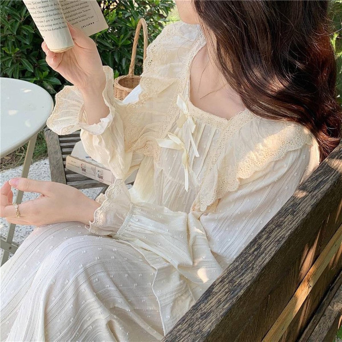 Homewear Set In Effen Kleur - Lente Vierkante Kraag Zoete Kanten Pyjama Set, Prinses Wind Katoen Jacquard Loungewear Tweedelige Set, Dames Lange Mouwen Ruches Nachtkleding Homewear,Abrikoos,É