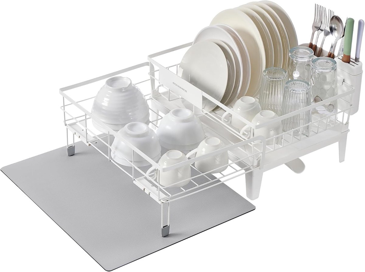 Afdruiprek, afdruiprek, 360° draaibaar en uitschuifbaar afdruiprek, lekbak, bestekhouder, keuken, (31-56) x 42 x 20 cm, mat wit-duifgrijs KCS552W01