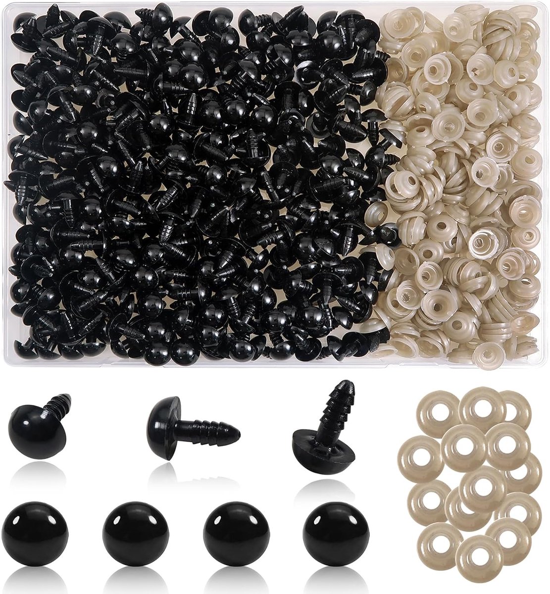 Ogen voor gehaakte dieren, 300 stuks, kunststof knoopogen, 12 mm, zwart, amigurumis-ogen voor pluche dieren, poppenogen met sluitringen, voor pop, pluche dier, knutselen