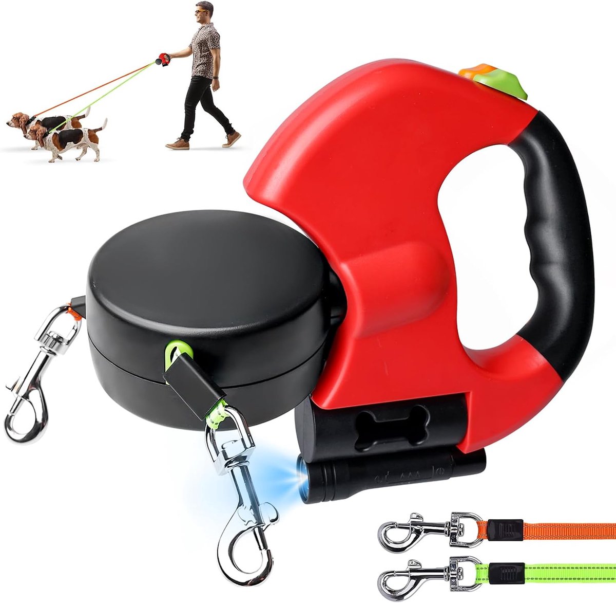 lijn voor 2 honden, 3 meter, intrekbare en uittrekbare hondenriem met lichtfunctie, ergonomische handgreep en rolspoel