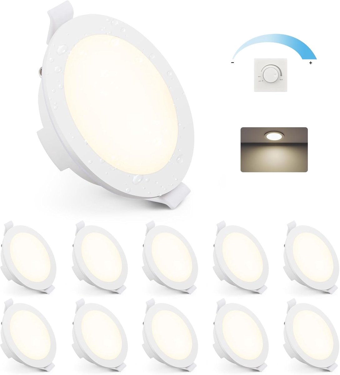 6 W led-inbouwspot, dimbaar, IP65, 4000 K, neutraal wit, 10 stuks | Waterdichte spot, badkamer, 400 lm, extra plat, 35 mm, gat 68-80 mm, voor keuken, slaapkamer, woonkamer