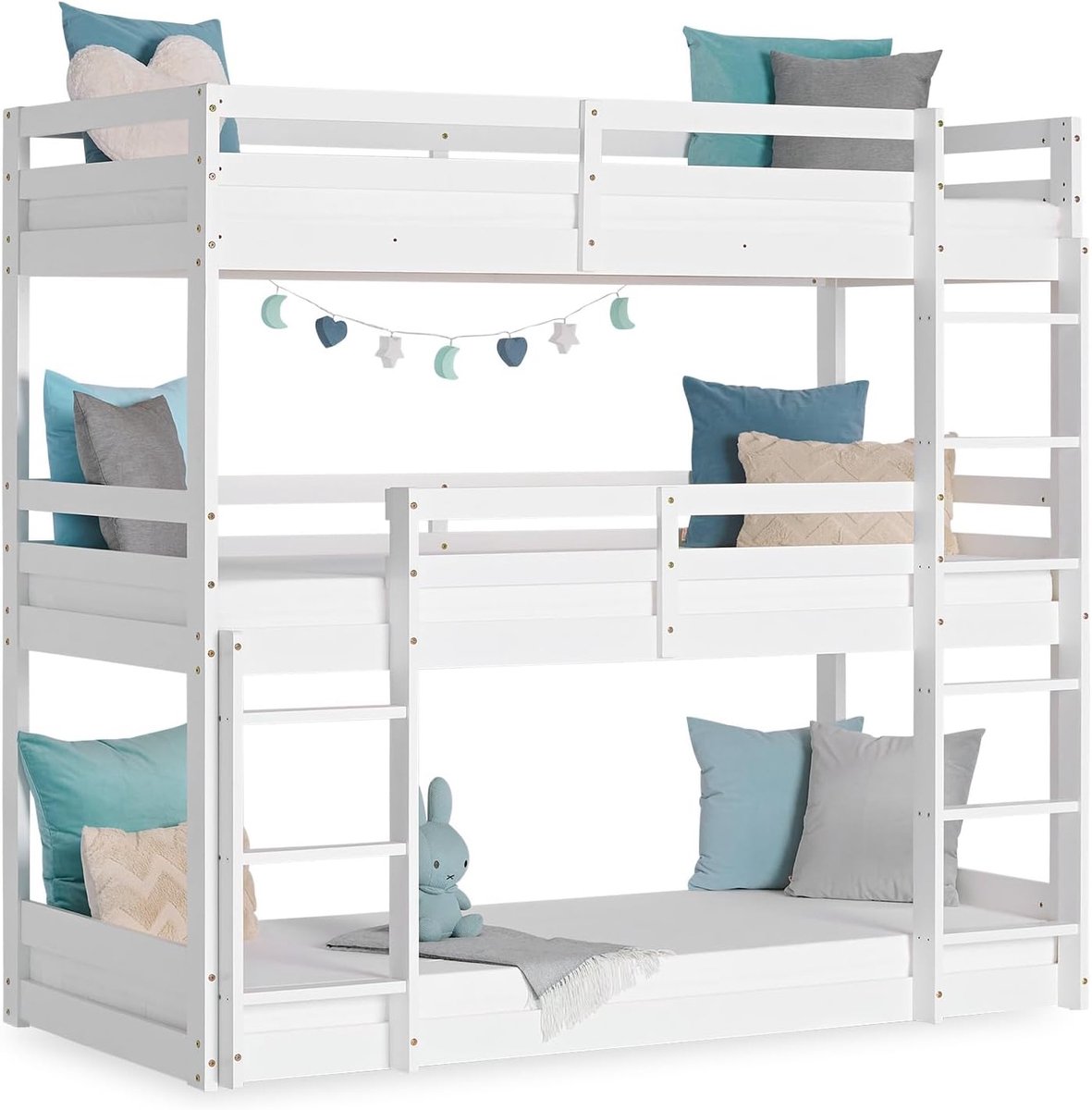 1978 Stapelbed, kinderbed 90x200 cm, stapelbed met drie niveaus, met bedlade, wit, hout