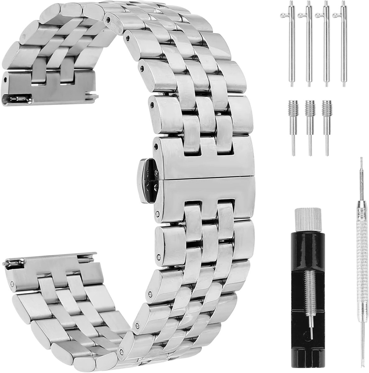 Horlogeband RVS 20mm 22mm - Dikke Gelinkte Metaal - Polished Afwerking - Snelle Bevestiging - SnelShoppen