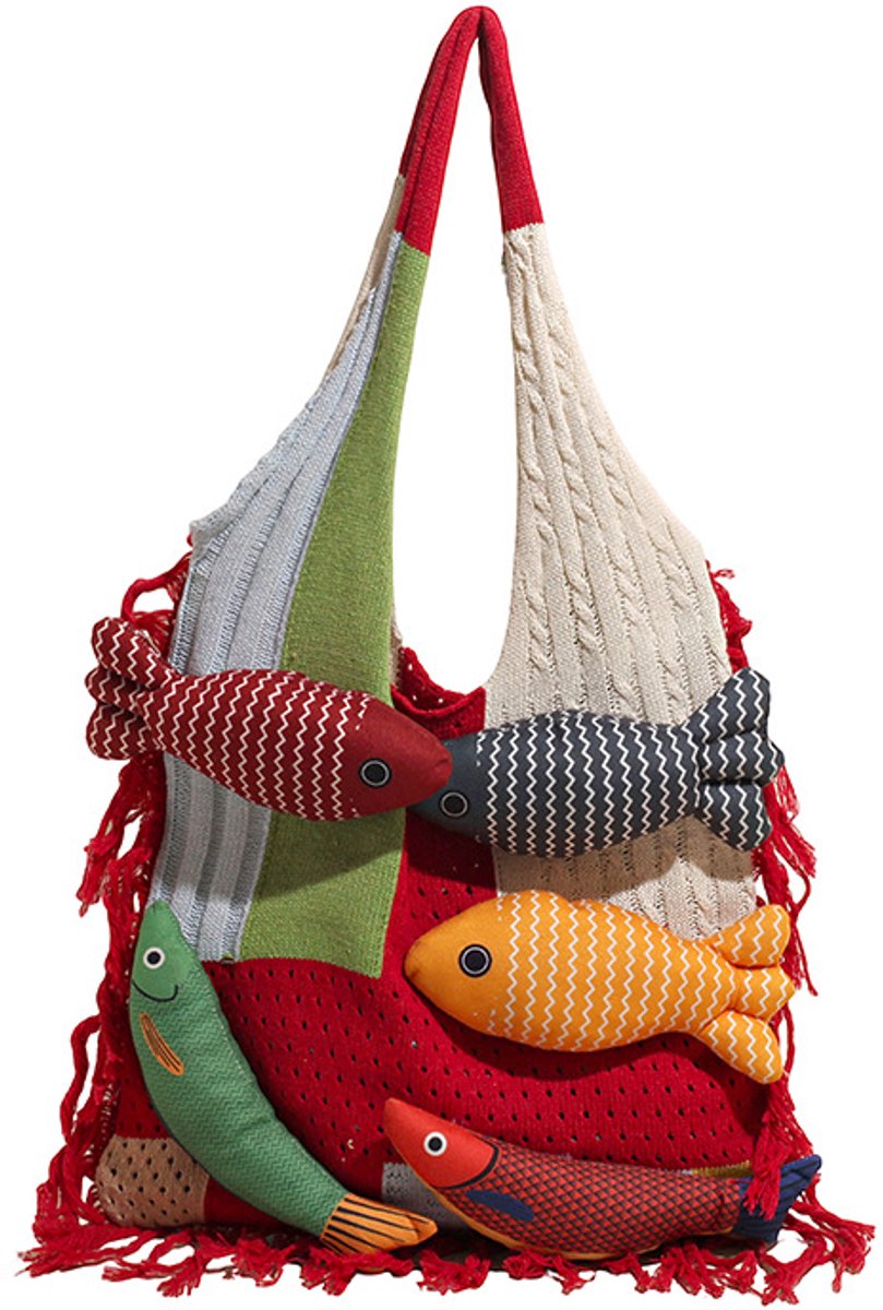 Geweven textieltas met een speels vispatroon, grote inhoud, ideaal voor het strand,Rood