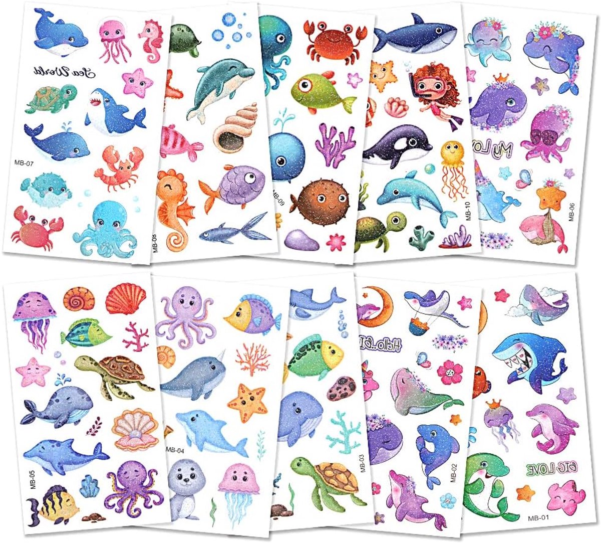 Glitter tattoo set kinderen - 10 ocean glitter tattoos - waterproof en tijdelijk - perfect voor feestdecoratie - SnelShoppen