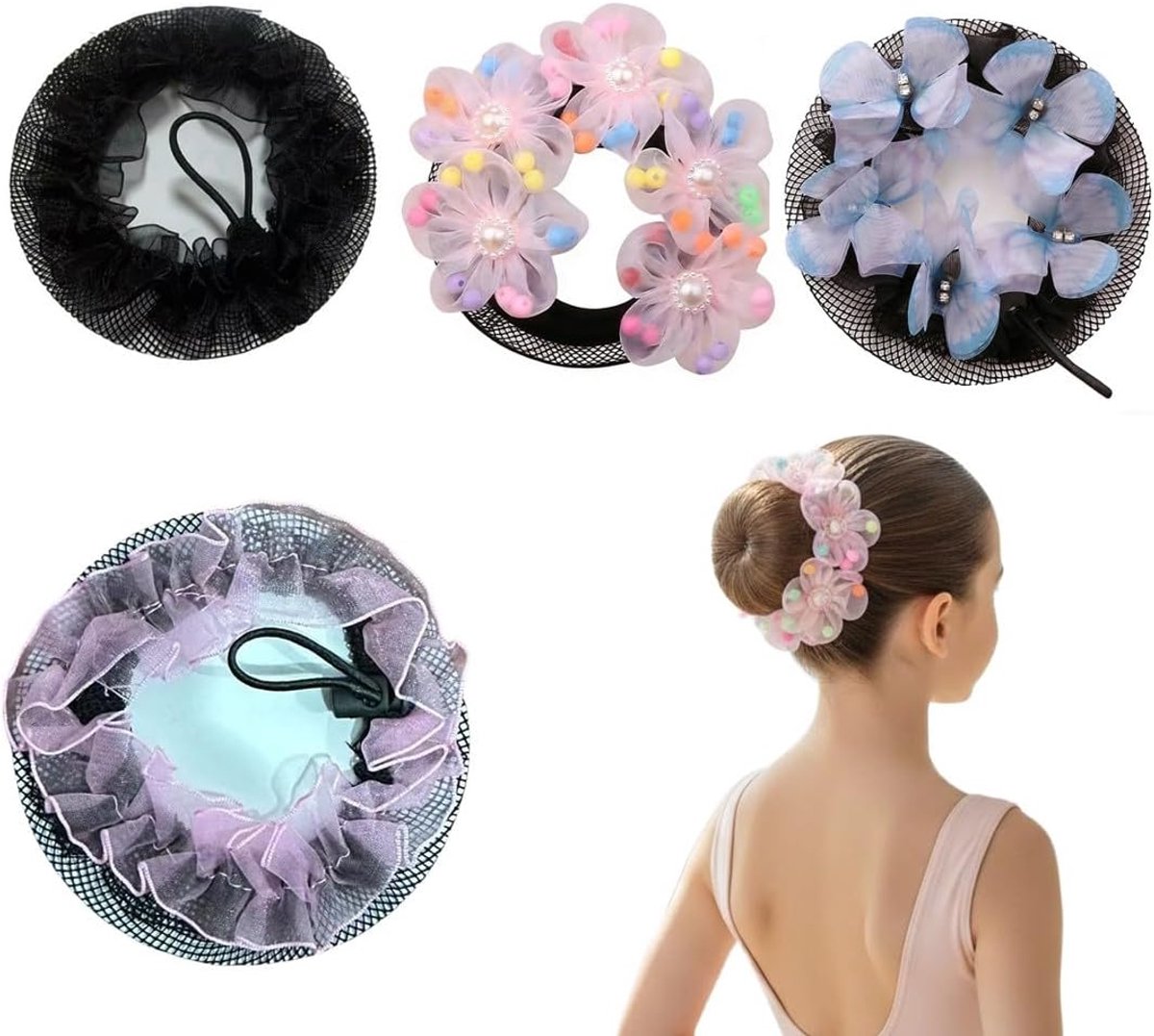 Haarnet Dutt - 4 Stuks - Verschillende Kleuren en Patronen - Perfect voor Ballet en Gymnastiek - SnelShoppen