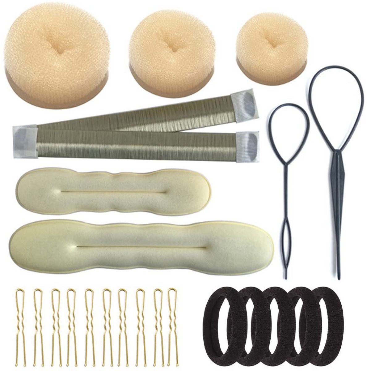 Haarvormingsset - haarnaalden voor knotjes en gevlochten haar, accessoires voor bolknot en vlechtconstructies bij kapselopmaak—Beige set van 23 stuks
