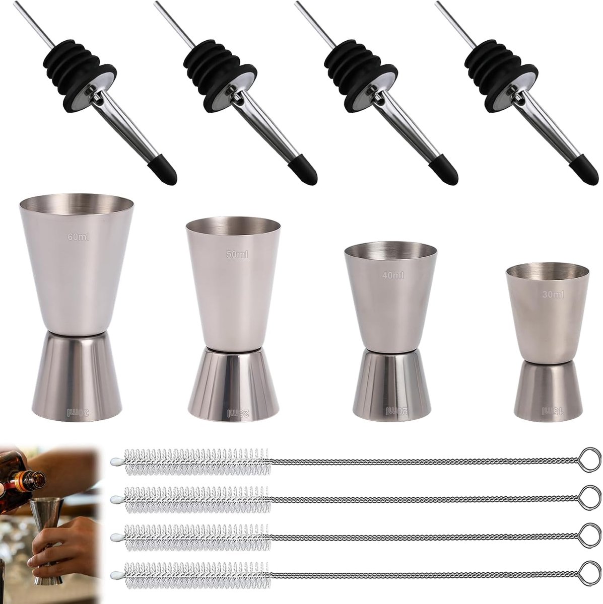 Cocktail maatbekerset 10-delig - roestvrij staal - jigger 15/30 ml en 30/60 ml - nauwkeurige mix voor cocktails - SnelShoppen