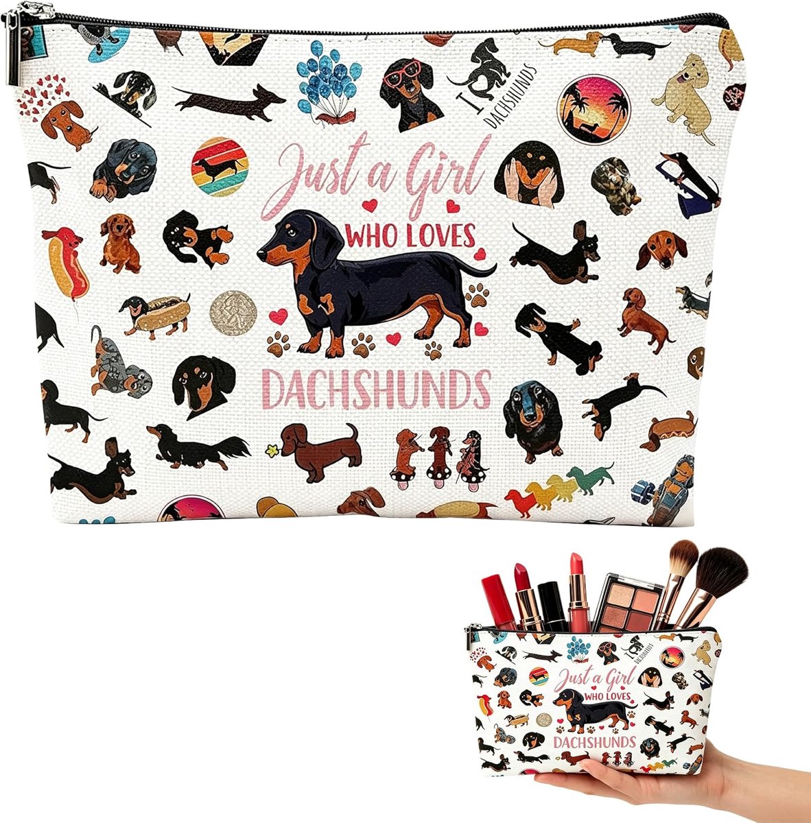 Make-uptas met teckel print - linnen toilettas - ritssluiting - perfect voor dagelijks gebruik - SnelShoppen