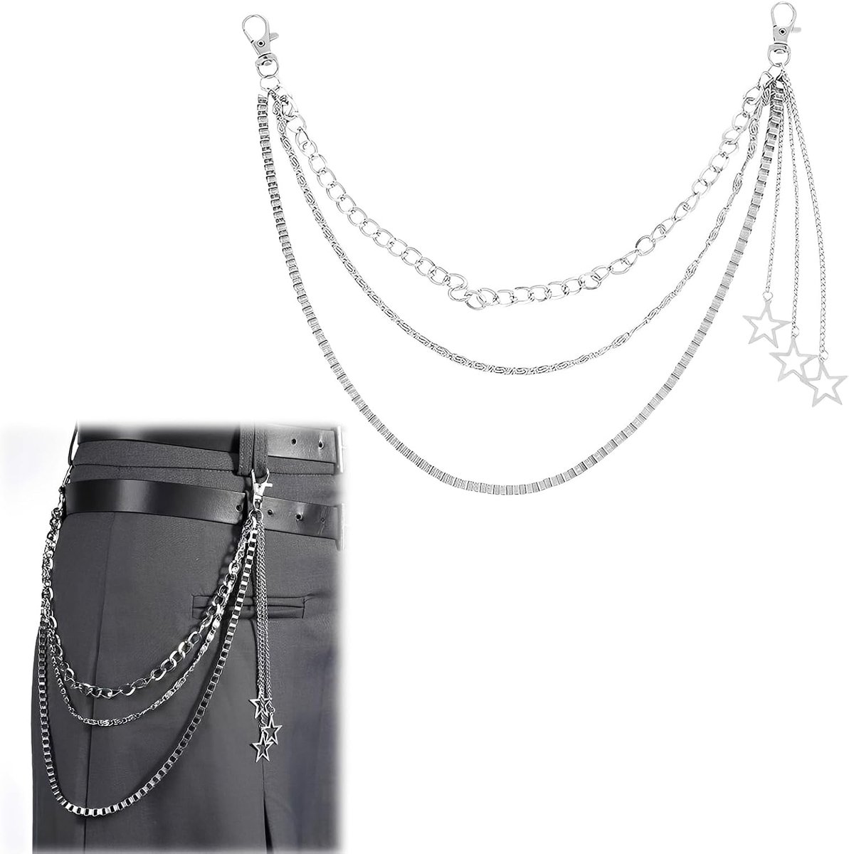 Broekketting met karabijnhaak - Punk stijl - Zilver met sterren - Unieke accessoire voor mannen en vrouwen - SnelShoppen