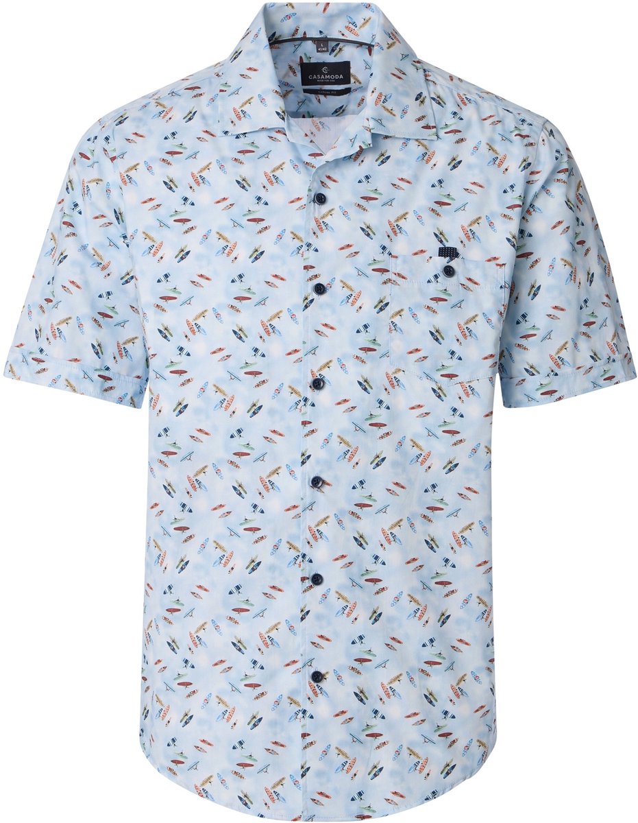 CASA MODA Sport casual fit overhemd - korte mouw - popeline - lichtblauw - wit dessin