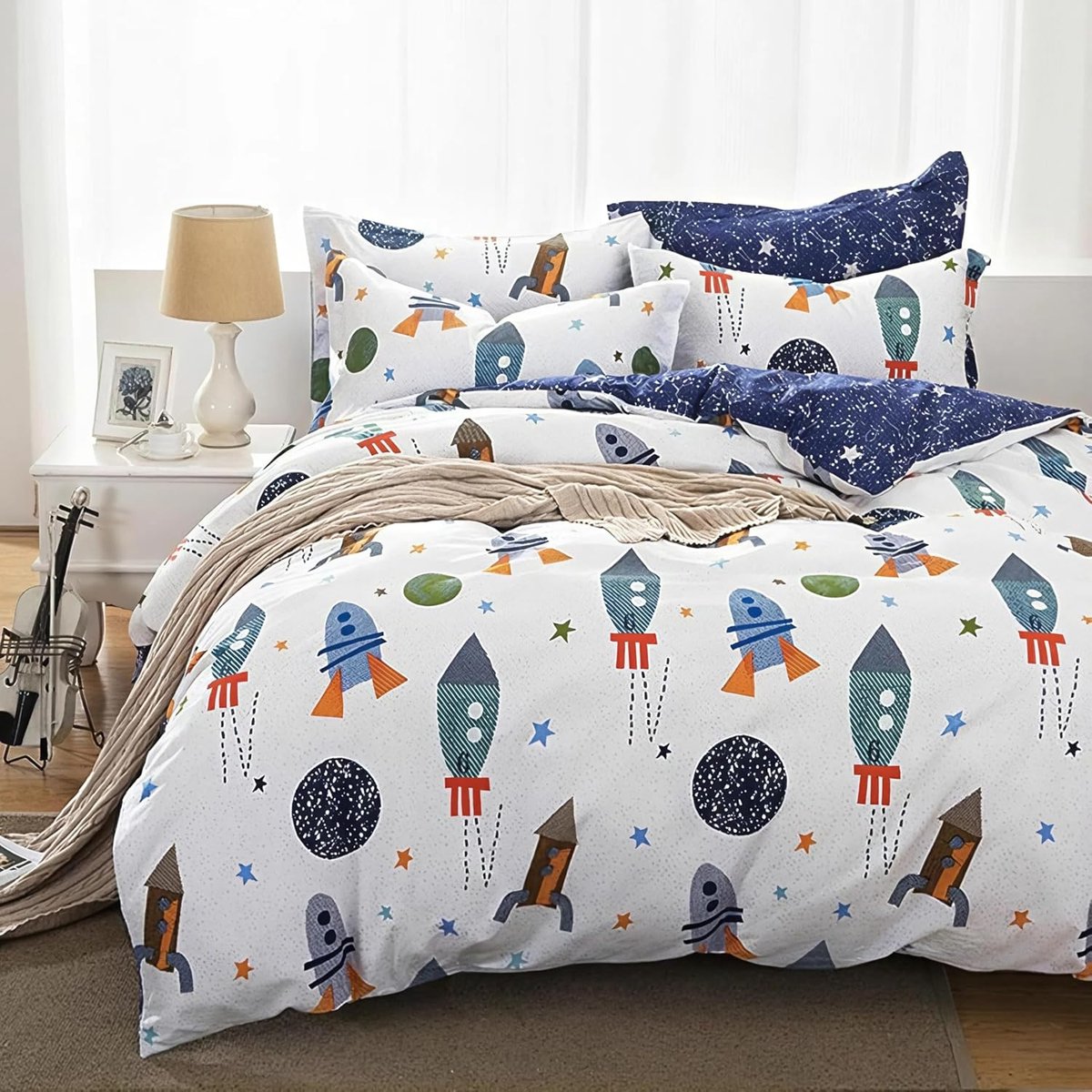 SnelShoppen - Dekbedovertrek 155x220 cm Katoen Omkeerbaar Wit Blauw Raket Sterren Planeten Patroon met Kussensloop 50x75 cm voor Kinderen