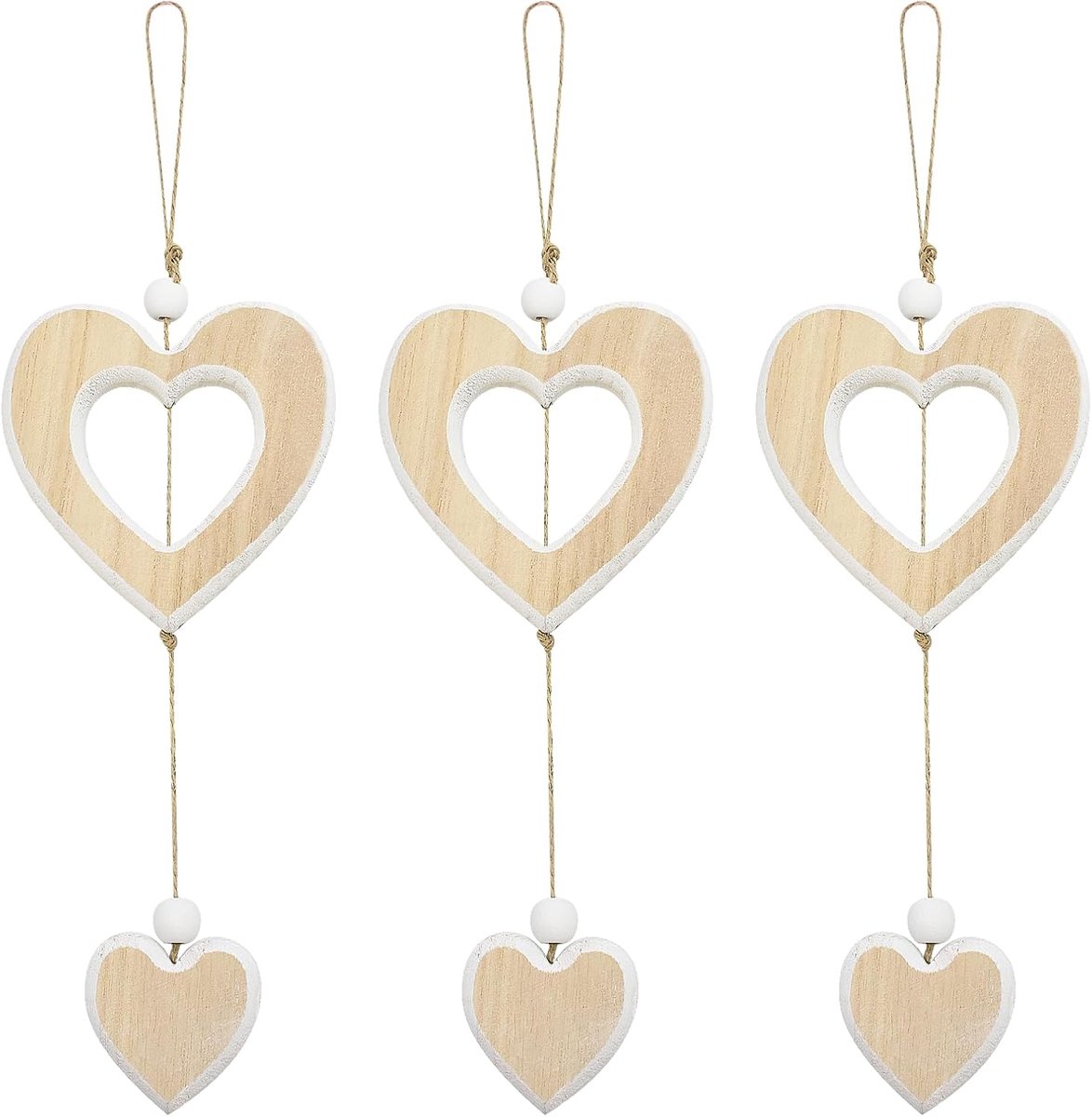Houten hartvormige hangers 3 stuks - natuurlijke hout- en wittinten - decoratieve raamdecoratie - SnelShoppen