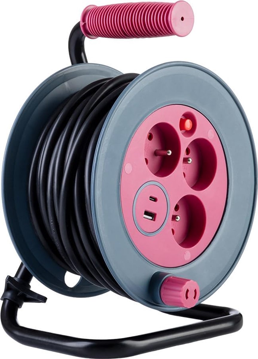 Elektrische rol 12 m - 3 sockets + 2 USB-A/C poorten - grijs/roze - veelzijdig voor apparaten - SnelShoppen