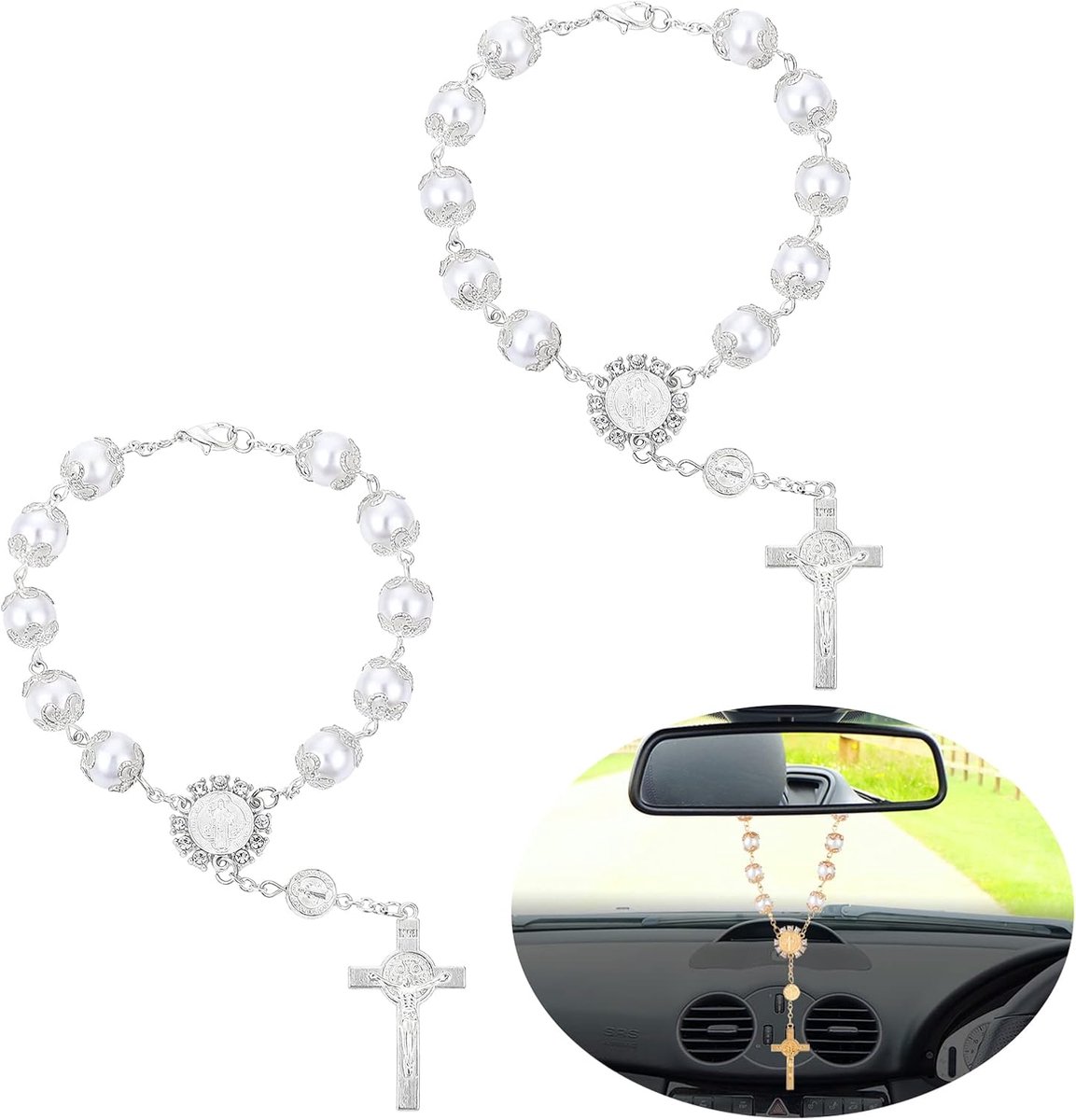 Auto rozenkrans voor achteruitkijkspiegel - 2 stuks - gepersonaliseerde hangdecoratie - symbool van bescherming - SnelShoppen