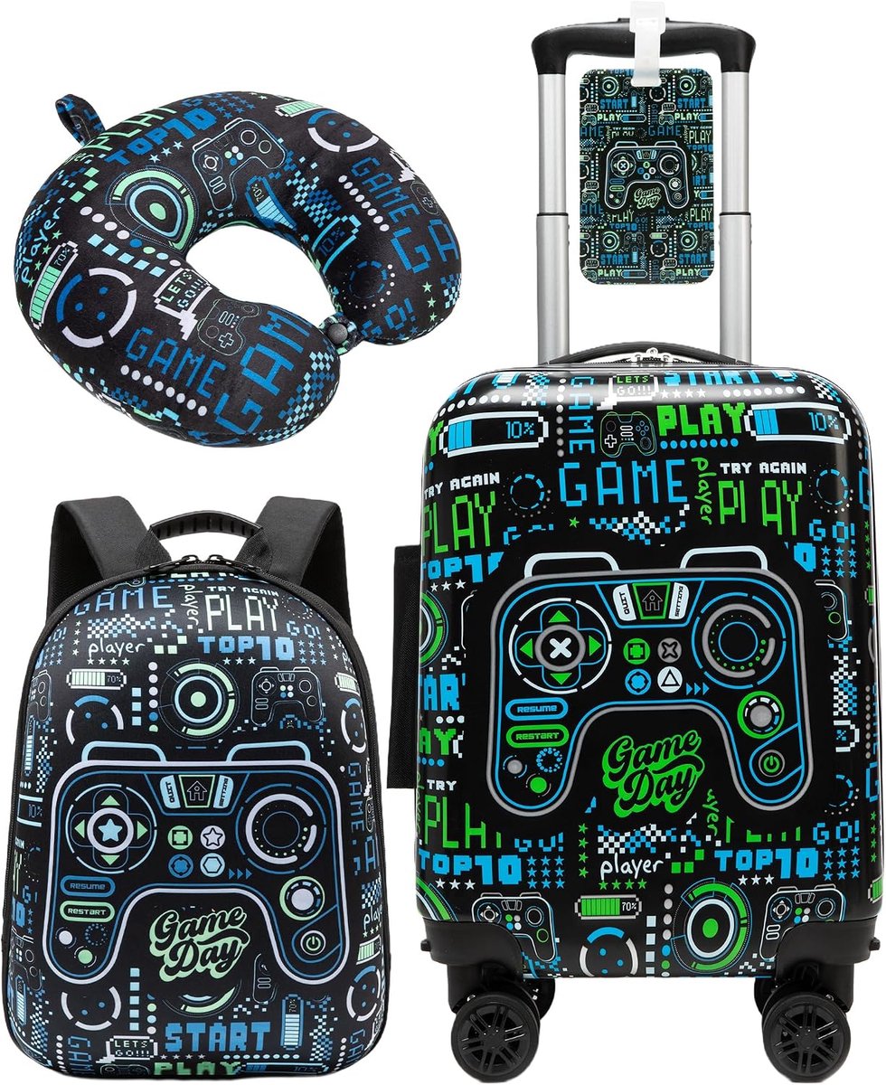 SnelShoppen - Kindersuitcase 3-delige Trolley voor Meisjes, Harde Koffer met 4 Wielen 360°, Inclusief Rugzak, Nekkussen en Label, B-Gamer