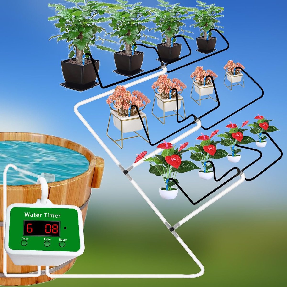 KZQ Automatische plantenwatergeefsysteem met programmeerbare timer - Druppelirrigatie voor 12 potplanten - Perfect voor binnentuinen balkons en buiten