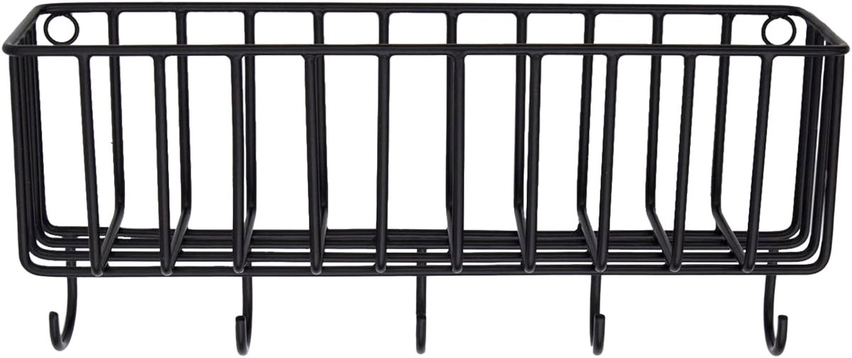 Fynn Storage Basket with Hooks in Black, 30 x 13 cm, Kitchen Utensil Holder, Spice Rack - ShopVlot