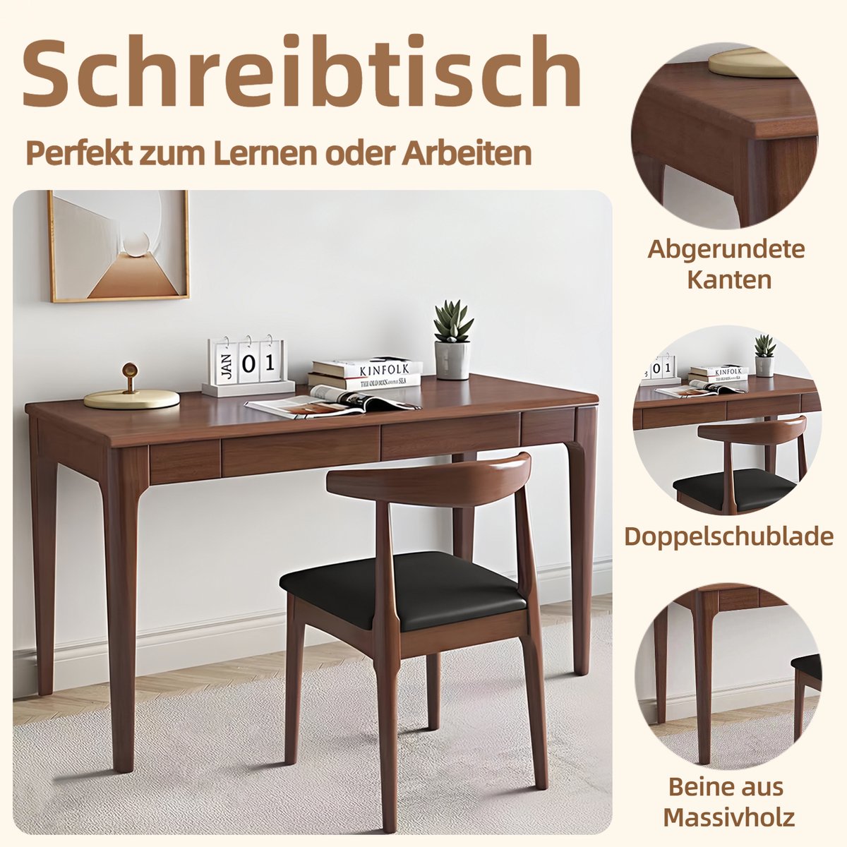 OKWISH Bureau - Hout Walnoot - 2 Lades - Ronde Hoeken - Voor Werkkamer, Slaapkamer En Kantoor - Rechte Werktafel - 128 X 73 Cm