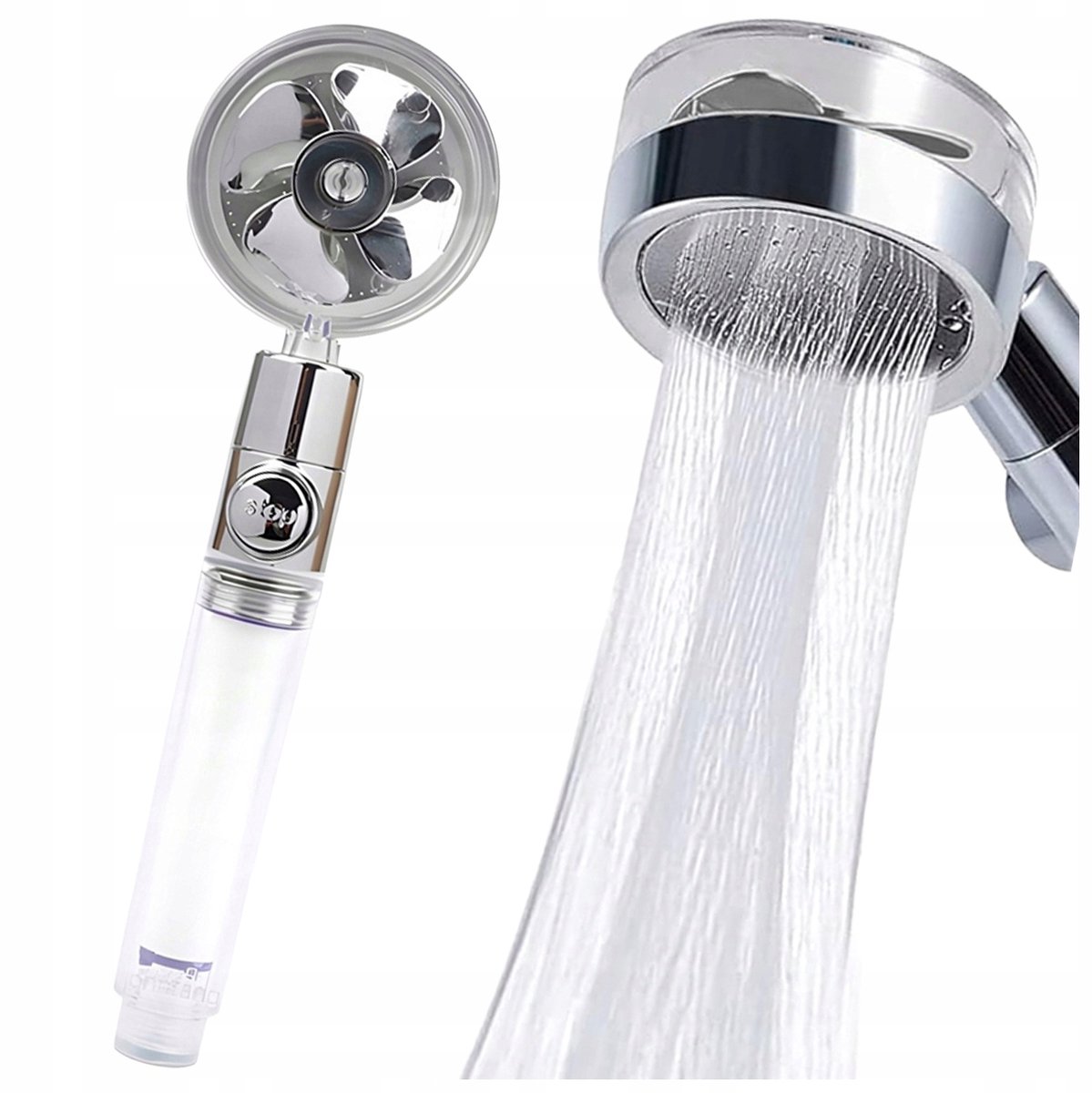 Douchekop met turbofan en waterbesparend filter