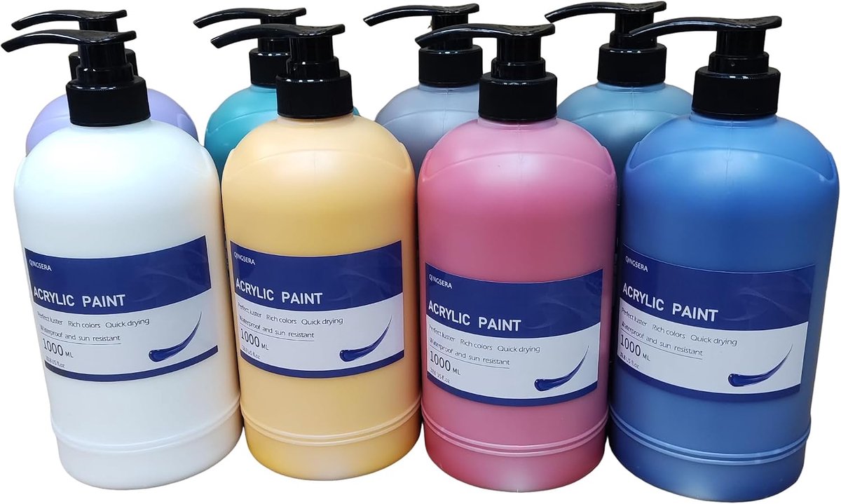 8 kleuren acrylverfset, zwaar lichaam, 33.8fl Oz/1L knijpflessen met pomp, niet-toxisch, rijke pigmenten voor canvas - ShopVlot