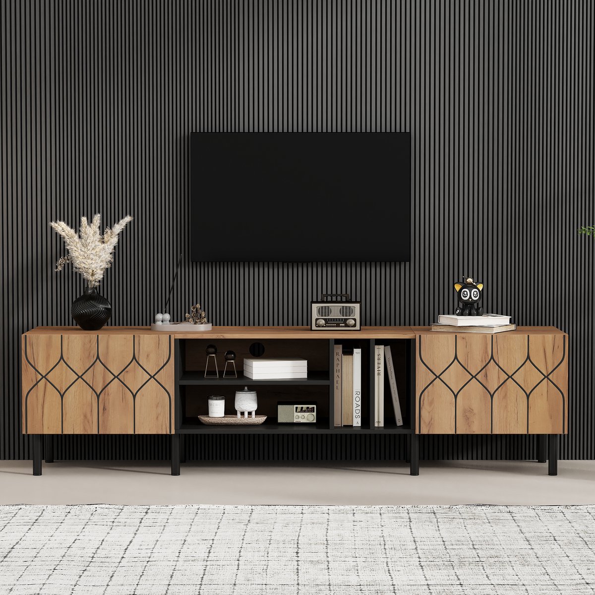 TV-Meubel - 2 Deuren En 4 Open Vakken - Voor 32 Tot 70 Inch Tv - Houtlook En Zwart - 180x40x50 Cm