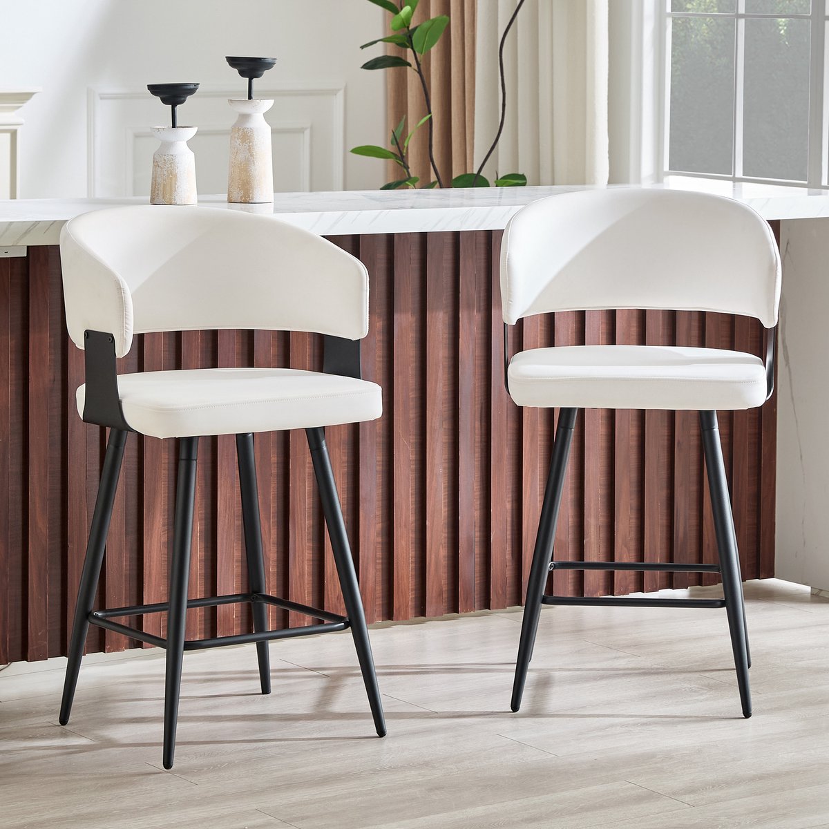 STILVORA Barkruk Set Van 2 Met Rugleuning Voor Keuken Eiland En Bar Kunstleer Metalen Onderstel Wit