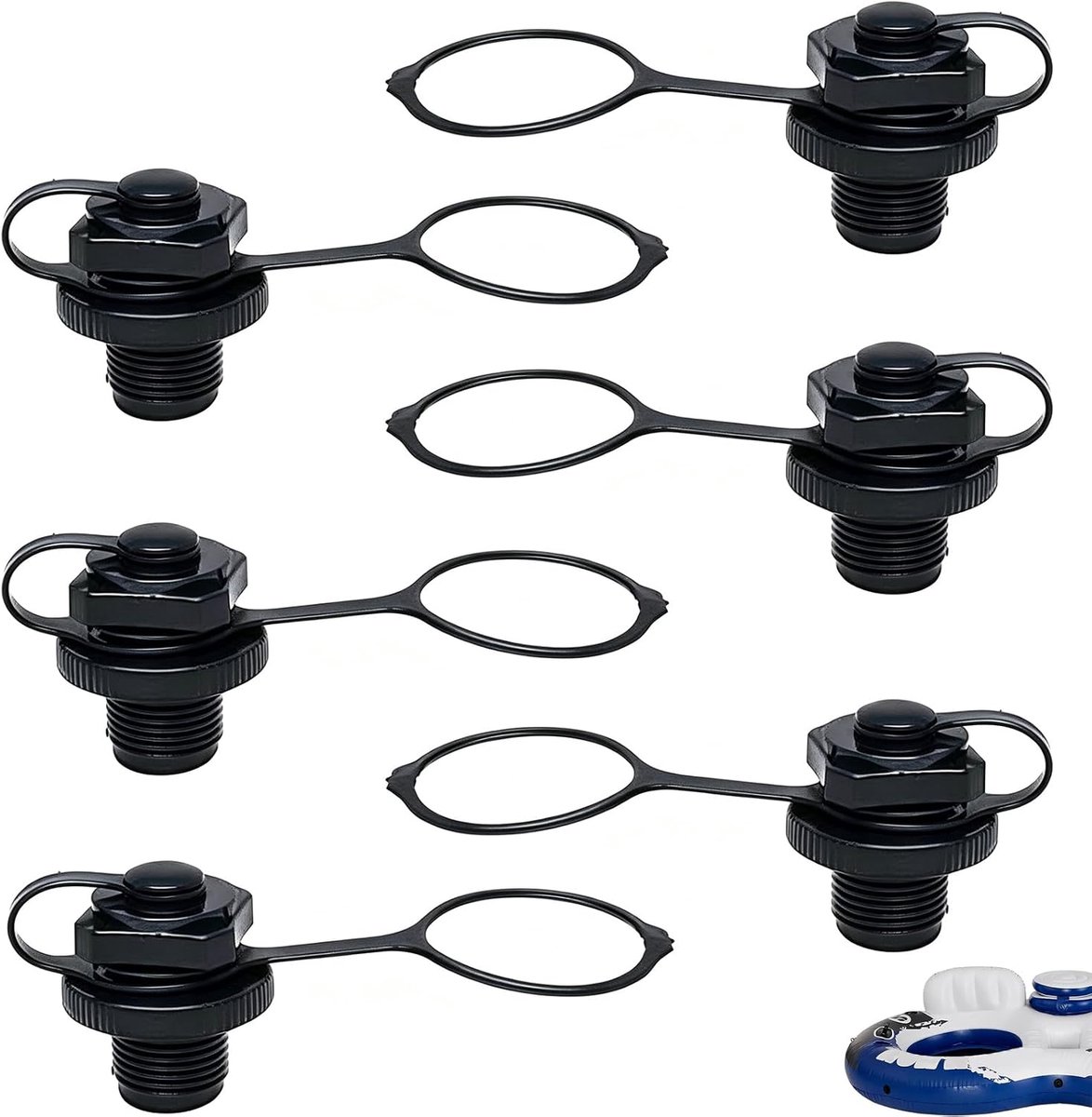 6 stuks rubberbootventielen, luchtventieldoppen voor opblaasbare boten, 22 mm, zwart met drie-ringdeksel, vervangend - ShopVlot
