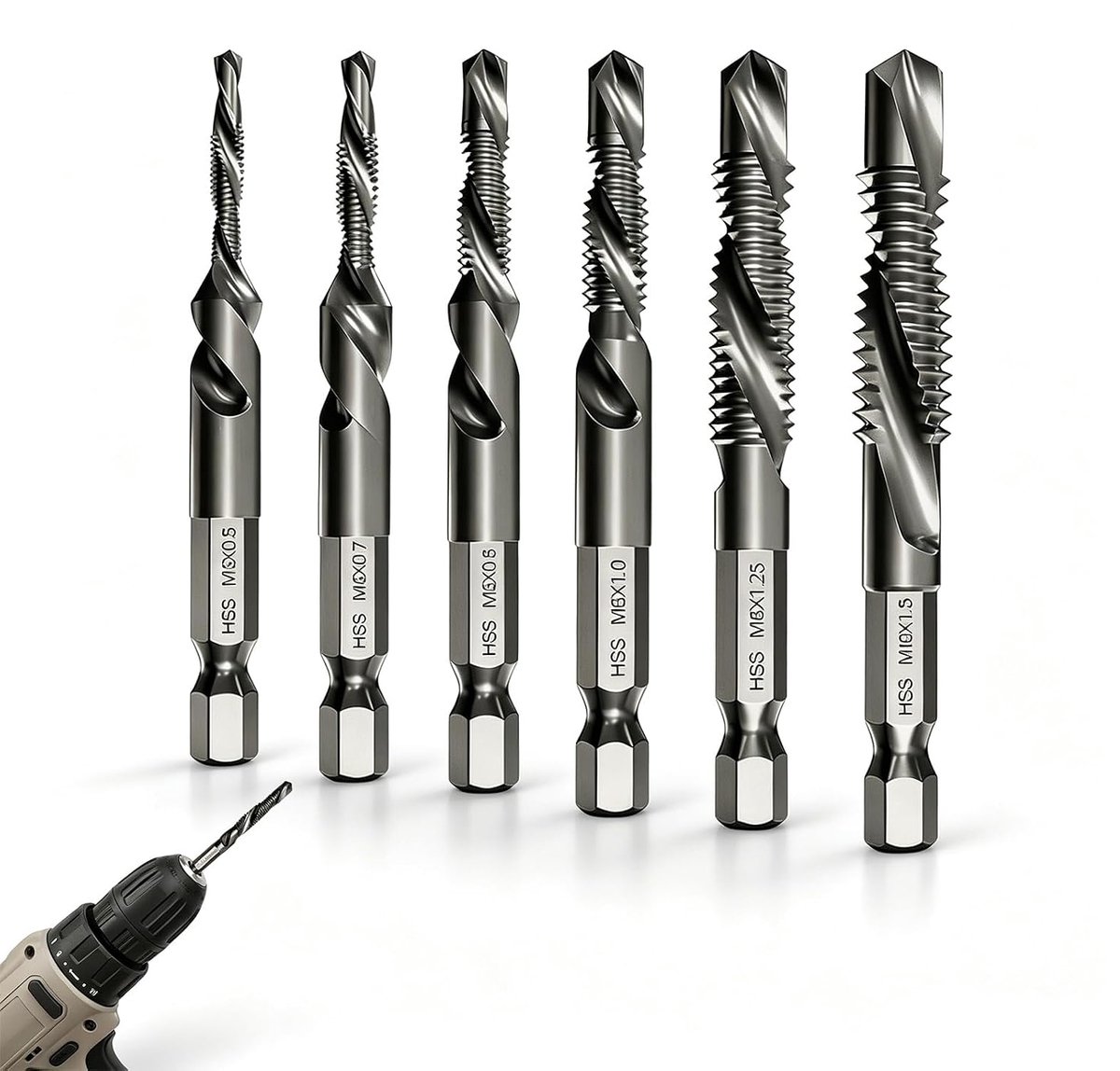 Combi-tapboren set M3 M4 M5 M6 M8 M10 - zeskantschacht 6 mm - roestvrij - ideaal voor boren en tappen - ShopVlot