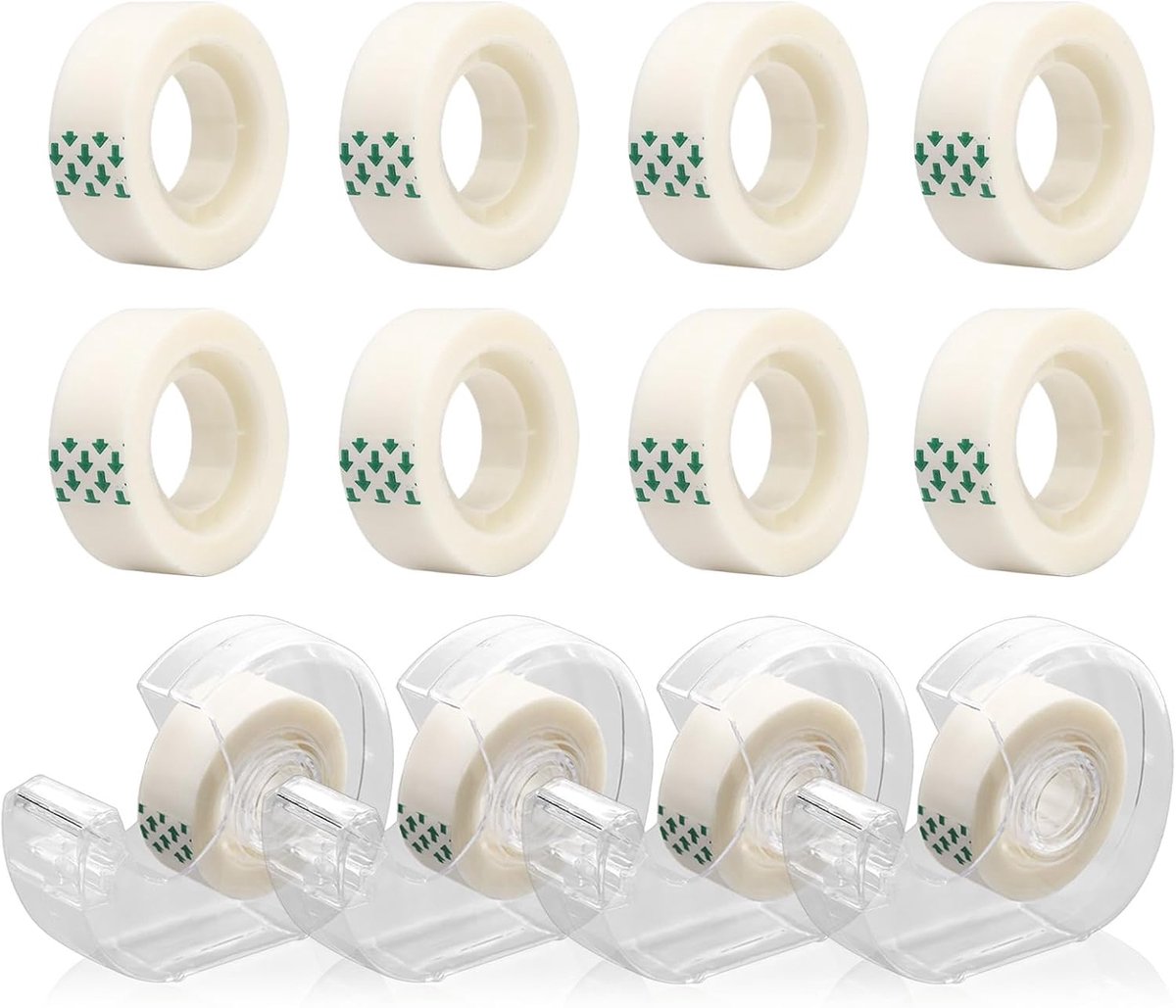 Tape dispenser set 4 stuks - inclusief 8 rollen onzichtbare tape - compact en handig voor cadeauverpakkingen - ShopVlot