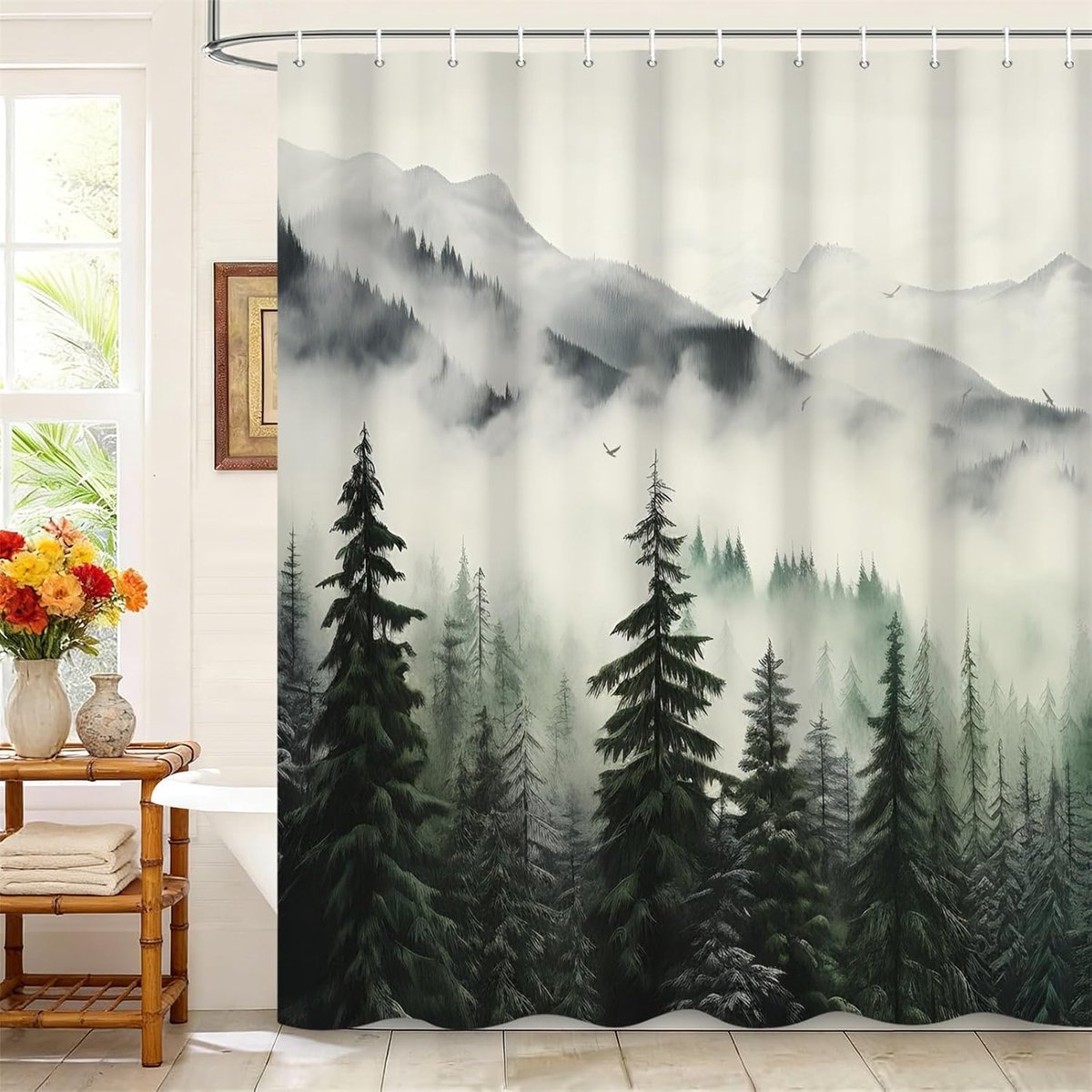 Douchegordijn 152x183cm - Polyester stof - Mistige berglandschap - Natuurlijke badkamerdecoratie - ShopVlot