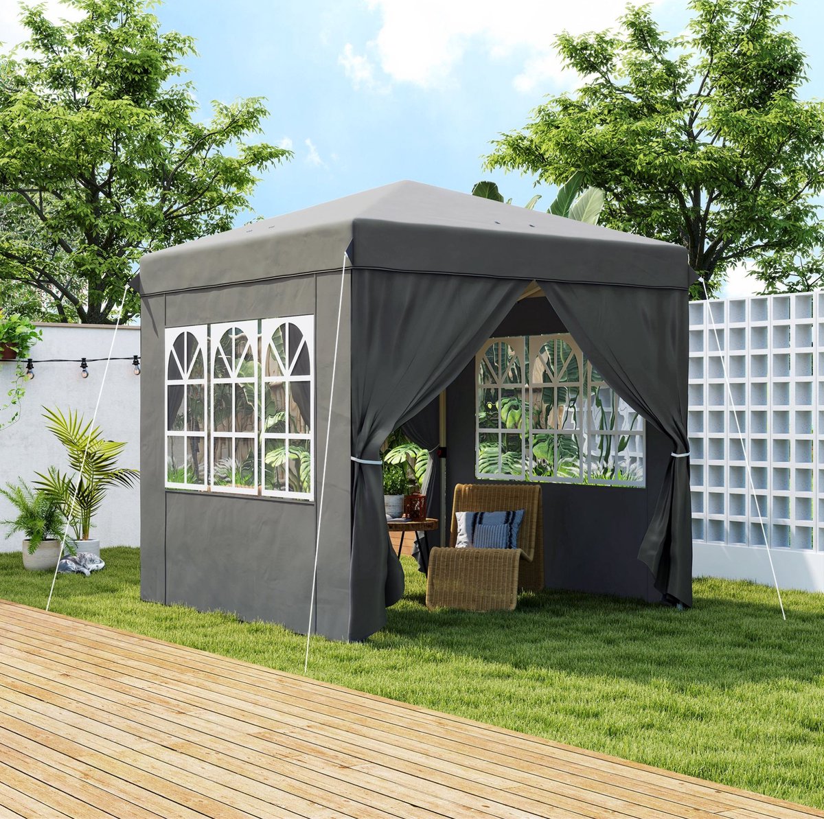 Pop-up Partytent – Opvouwbaar En Verstelbaar – 250 X 250 Cm – Polyester – Donkergrijs – Voor Tuin En Feesten – Met 4 Zijwanden