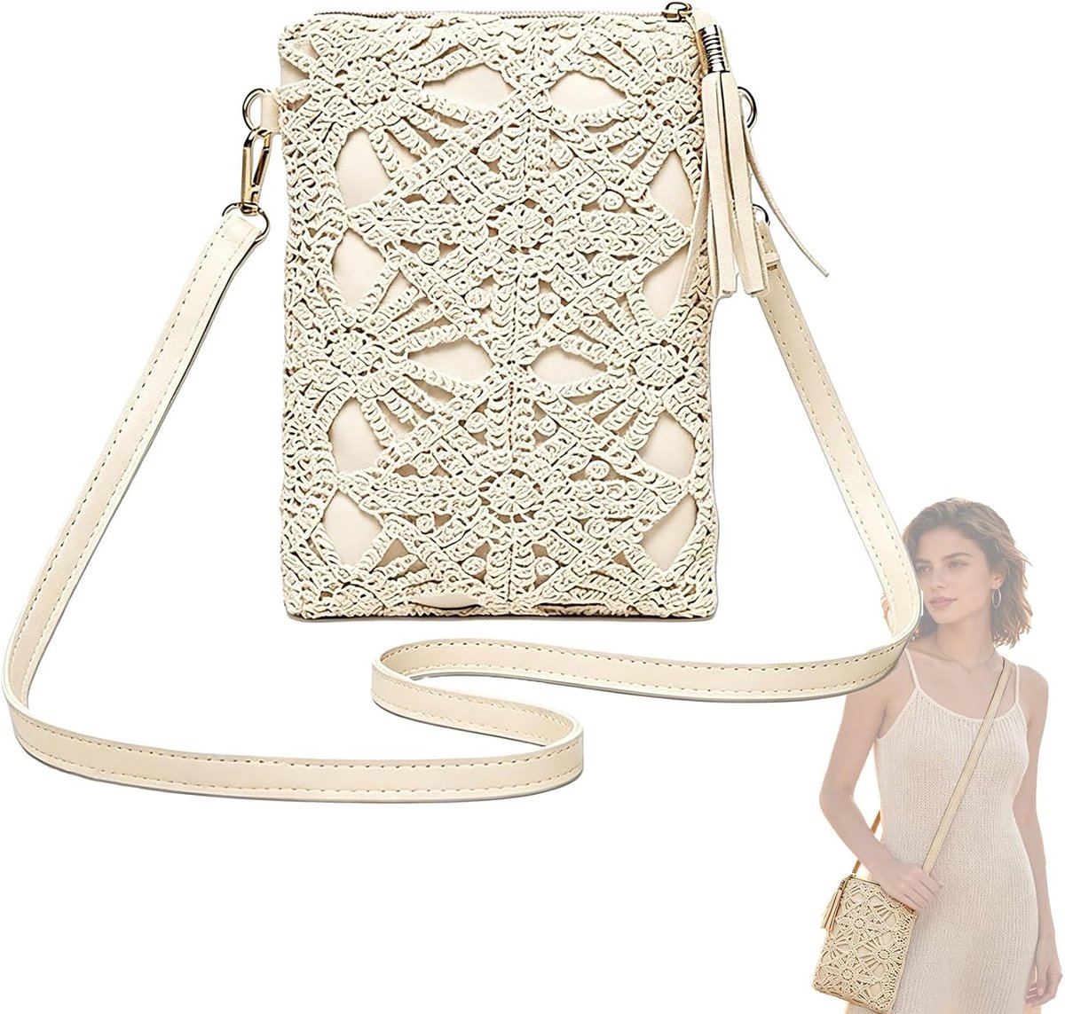 Dameshandtas met opengewerkte bloemen - beige leren tas - mini-geweven bloemen - ShopVlot