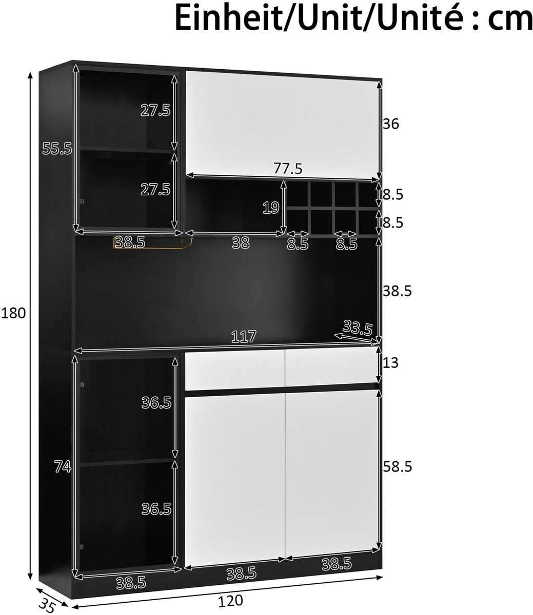 OKWISH Hoge Kast - Met Ledverlichting en Glazen Deuren - Voor Woonkamer en Eetkamer - MDF Zwart Wit - 120 x 35 x 180 cm