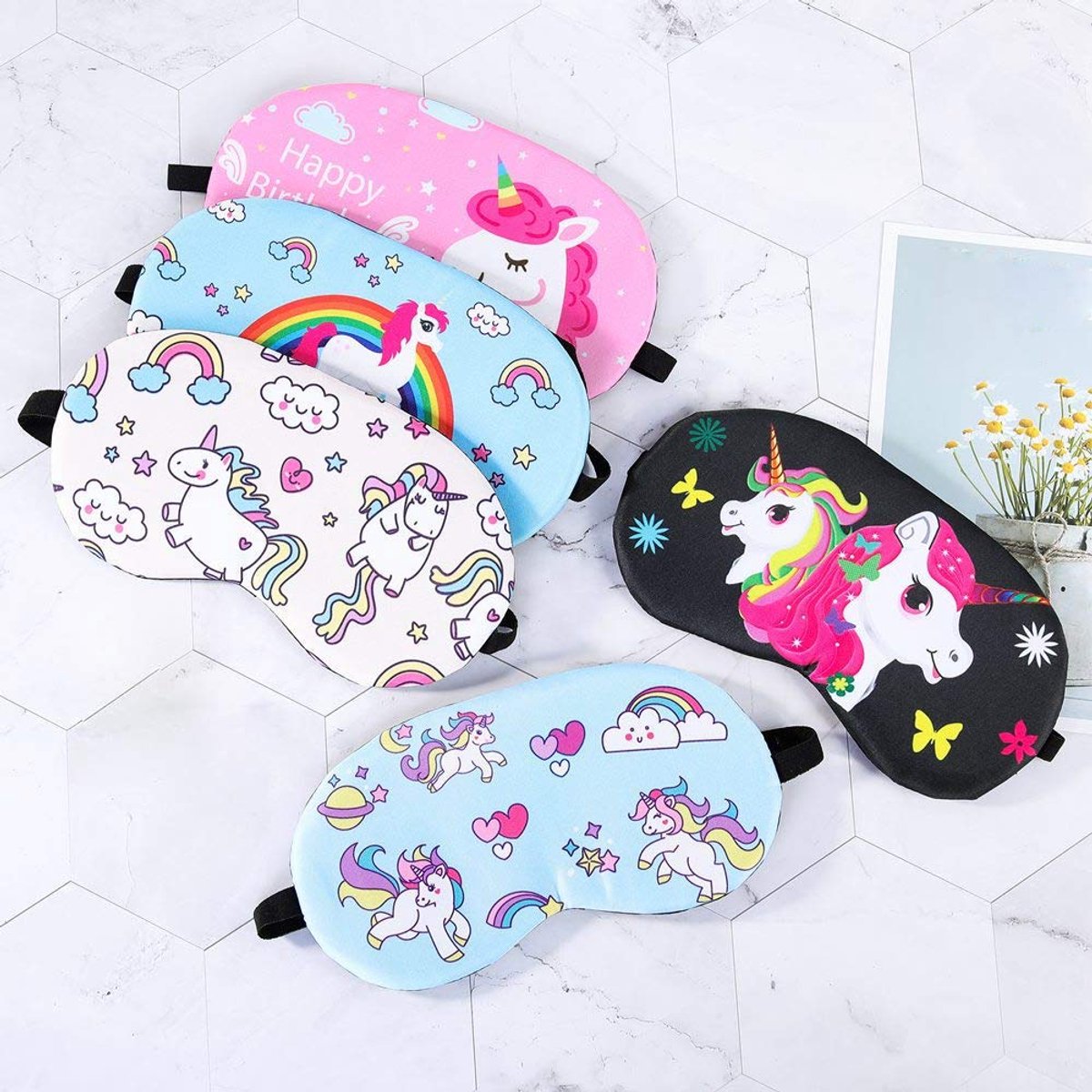 Oogmasker voor meisjes/vrouwen - 5-pack eenhoorn - zacht polyester en spons - ideaal voor reizen - ShopVlot