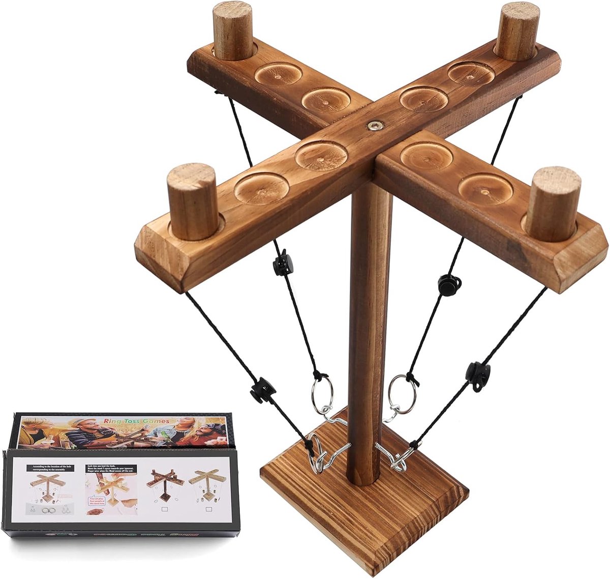 SnelShoppen - Hooks Ring Toss Spel voor Kinderen en Volwassenen, Vier Persoons Toss Hook Ring Toss Interactief Gevechtspel, Handgemaakt Houten Tafelsp