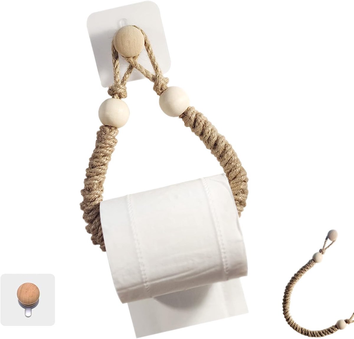 Toiletpapierhouder zonder boren - vintage handgemaakt - touw en hout - elegant voor badkamer - ShopVlot