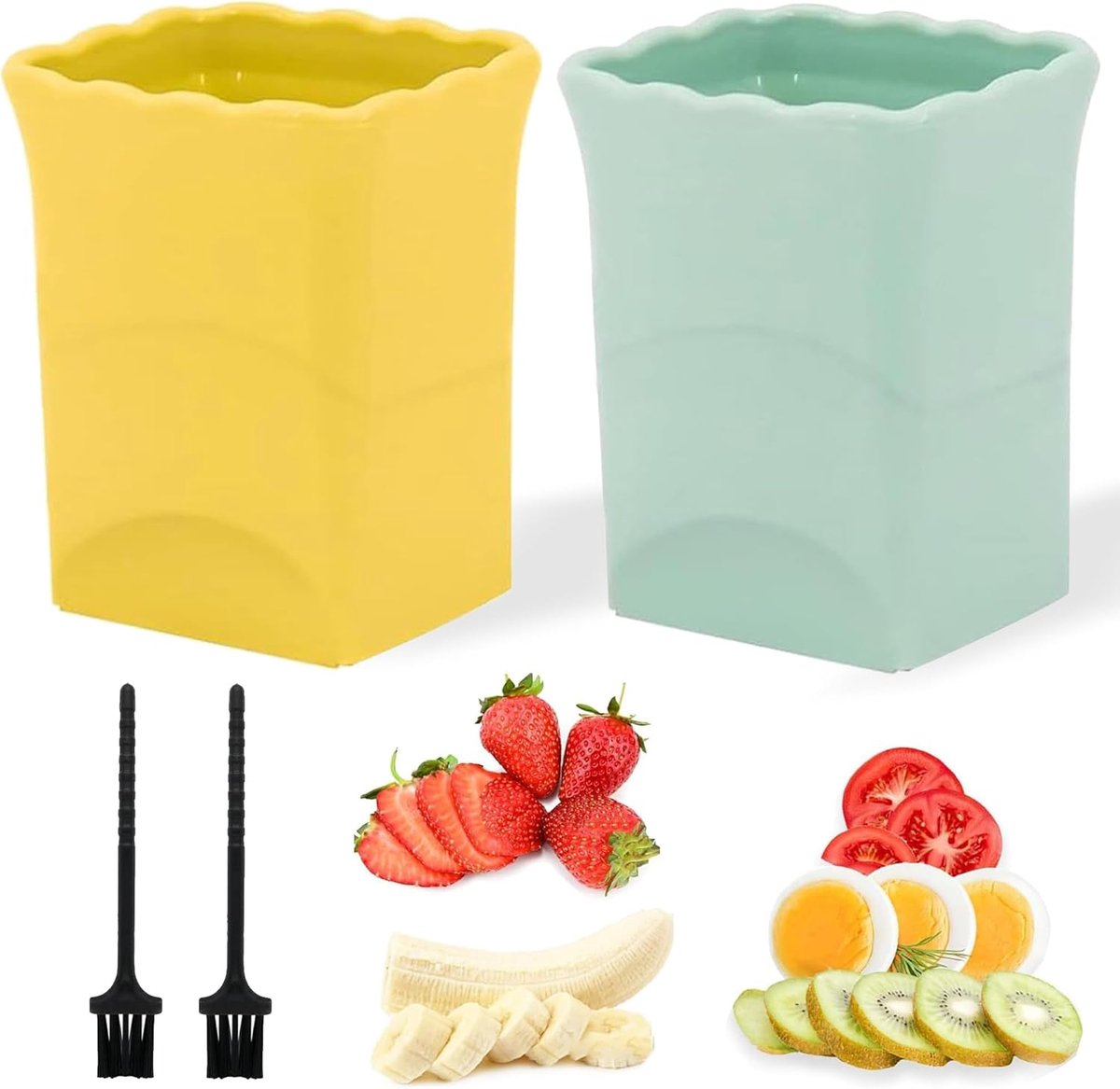 SnelShoppen - 2 Stuks Aardbei Snijder - Rvs Slicer voor Zachte Vruchten zoals Banaan en Kiwi - Snelle Fruit Salade Maker (Geel & Groen)
