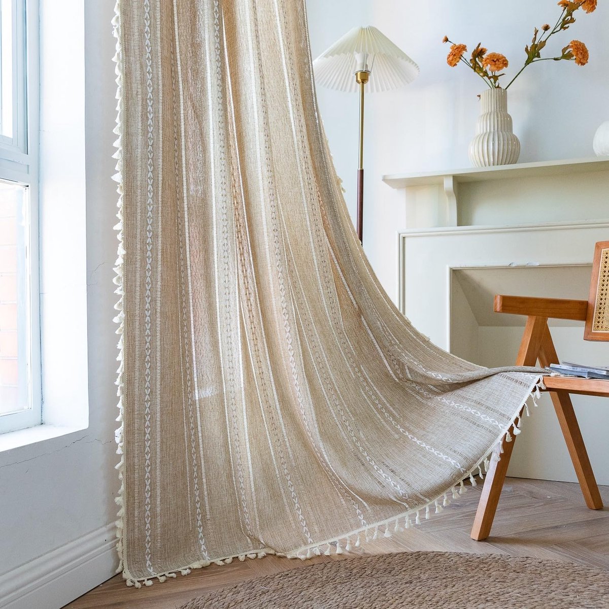 Gordijnen Boho 228cm - Lichtdoorlatend katoen-polyester - Vintage shabby chic met franjes - Perfect voor slaapkamer - ShopVlot