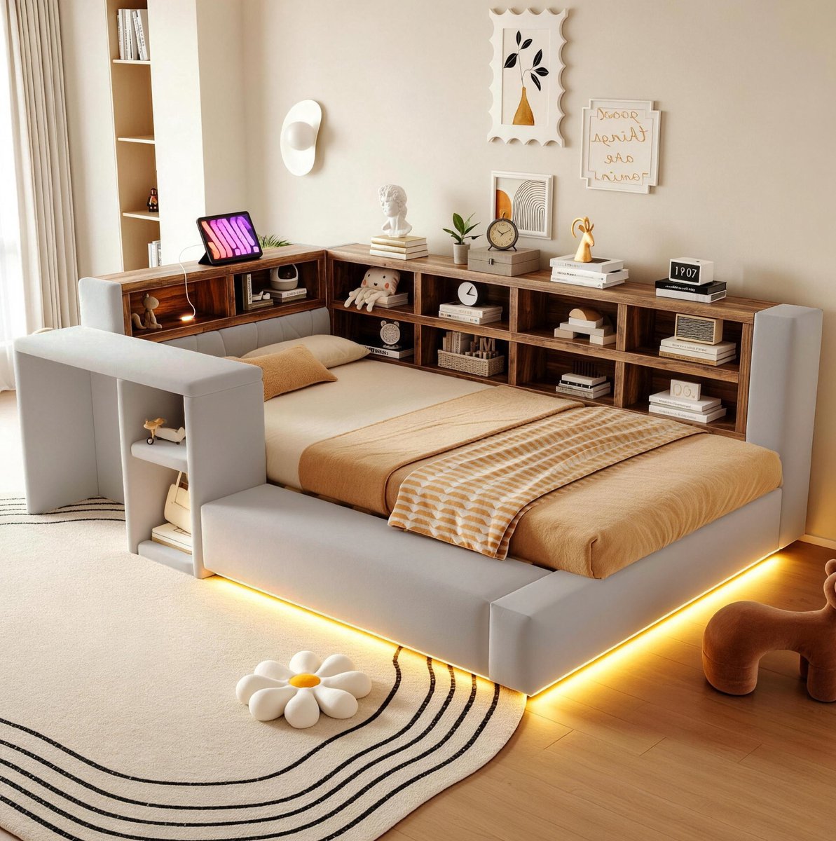MIVRAY Gestoffeerd Bed 90x200 cm Zonder Matras - Met Opbergvakken, Stopcontacten En Verlichting - Met Zijtafel - Stof - Lichtgrijs