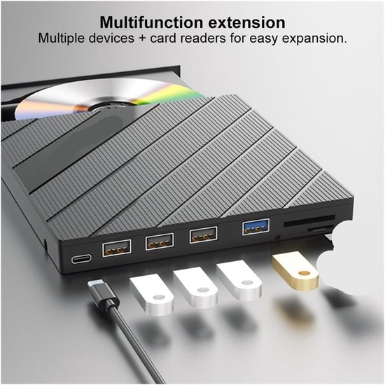 Externe DVD-speler - CD/DVD Brander - Bestanden Branden - 7-in-1 Kaartlezer - USB 3.0 Type-C - Zwart — afbeelding 5