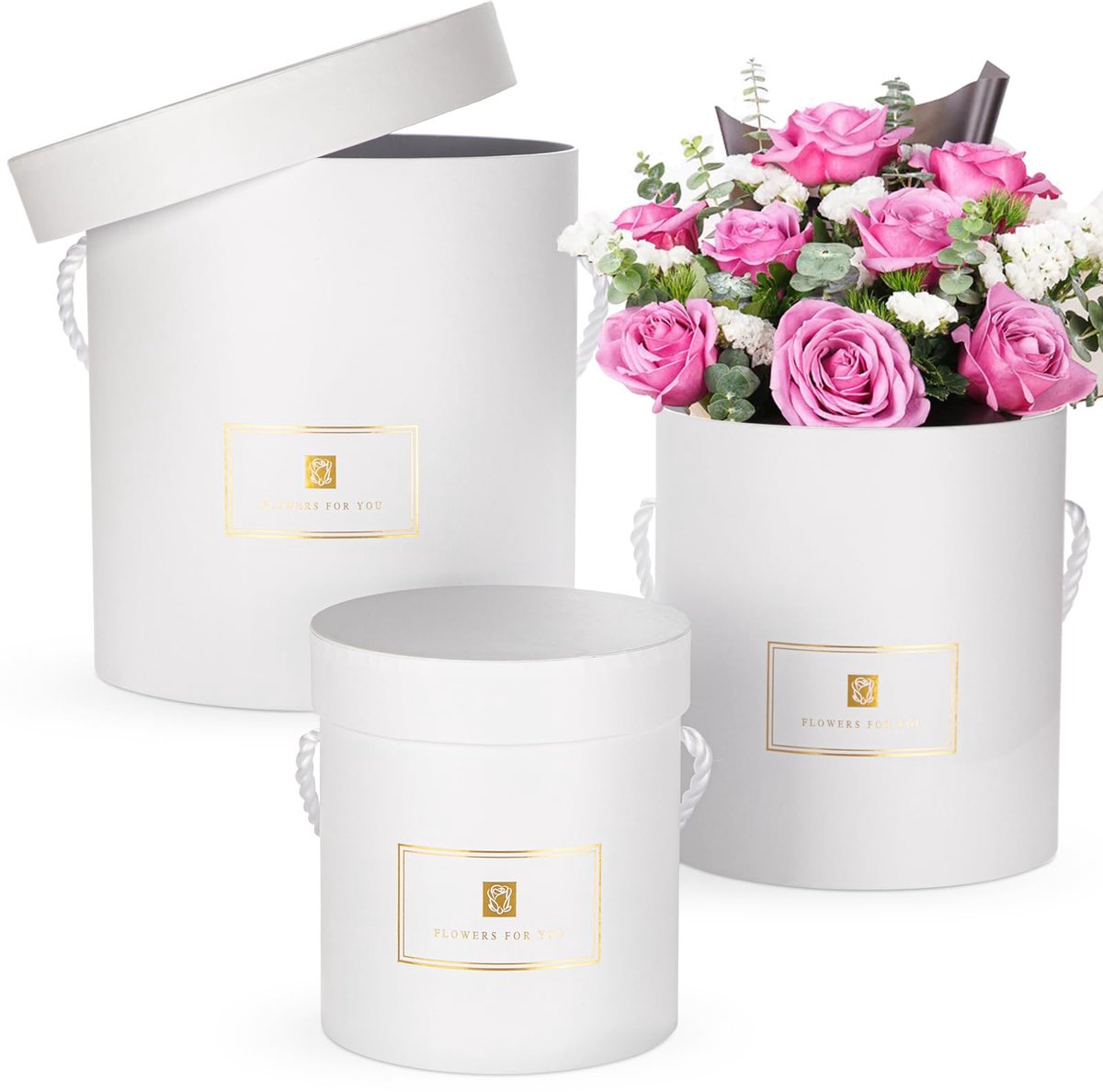 Geschenkdozen set van 3 - ronde witte bloemendozen - met deksel en handgrepen - perfect voor bruiloften - ShopVlot